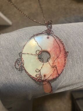 Handcrafted Pink and Cream Agate Donut Pendant Necklace - Artisan Wire Wrap